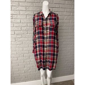 Indigo Thread Co. Women Red Plaid Button Down Long Shirt  Tunic Size M